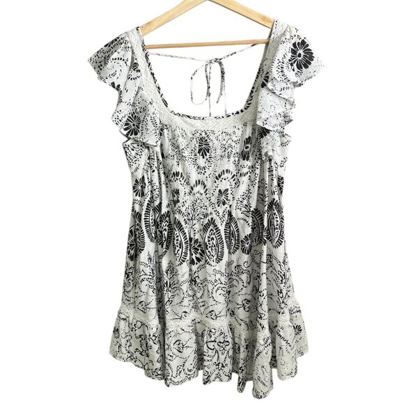 Maeve Flutter Sleeve Babydoll Cottagecore Mini Dress White Black M Boho Coastal - Picture 2 of 11